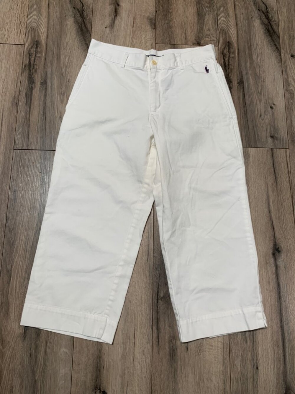 Ralph Lauren Sport Women’s 8 Polo Logo White Cotton Cropped Pants Slit Side Pock